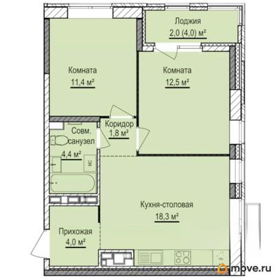 2-комн. квартира, 54.4 м&sup2;