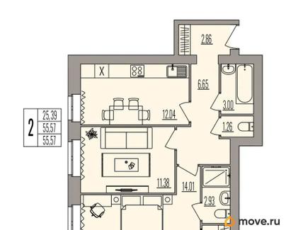 2-комн. квартира, 55.57 м&sup2;