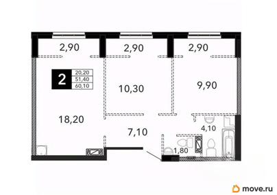 2-комн. квартира, 60.1 м&sup2;