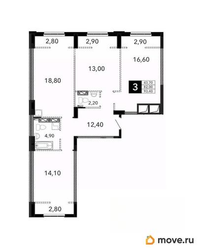 3-комн. квартира, 93.4 м&sup2;