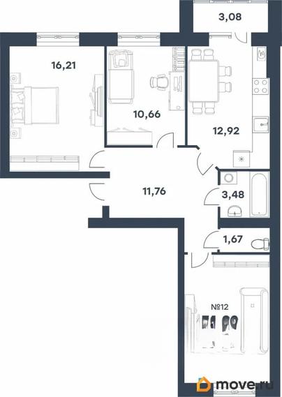3-комн. квартира, 74.02 м&sup2;