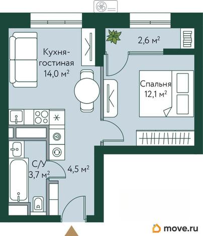 1-комн. квартира, 36.9 м&sup2;