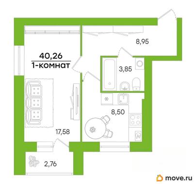 1-комн. квартира, 40.26 м&sup2;