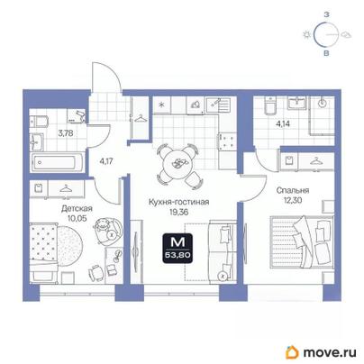 2-комн. квартира, 53.8 м&sup2;