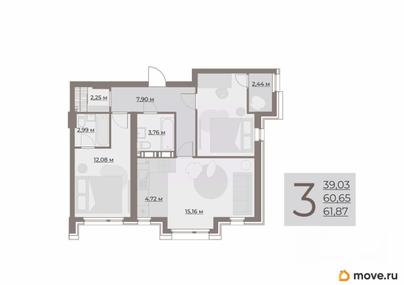 3-комн. квартира, 63.09 м&sup2;