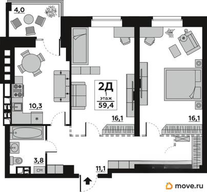 2-комн. квартира, 59.4 м&sup2;