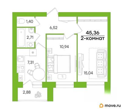 2-комн. квартира, 45.36 м&sup2;