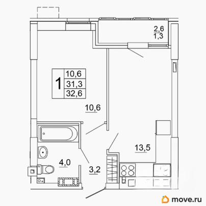 1-комн. квартира, 32.6 м&sup2;