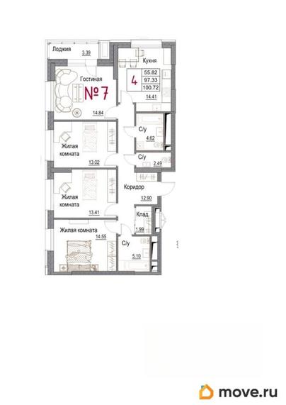4-комн. квартира, 100.7 м&sup2;