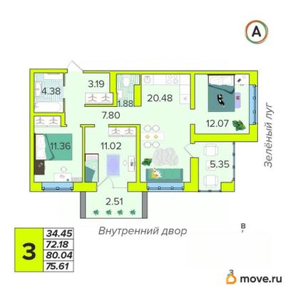 3-комн. квартира, 75.61 м&sup2;
