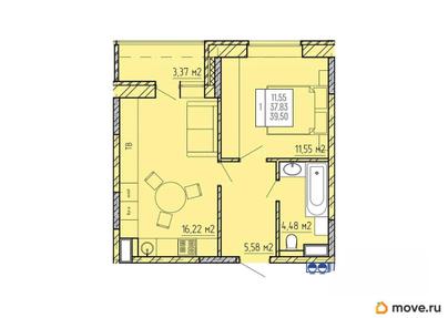 1-комн. квартира, 39.5 м&sup2;