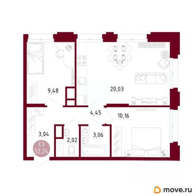 2-комн. квартира, 52.24 м&sup2;