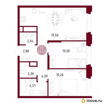 2-комн. квартира, 55.49 м&sup2;