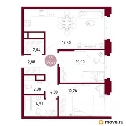 2-комн. квартира, 55.49 м&sup2;
