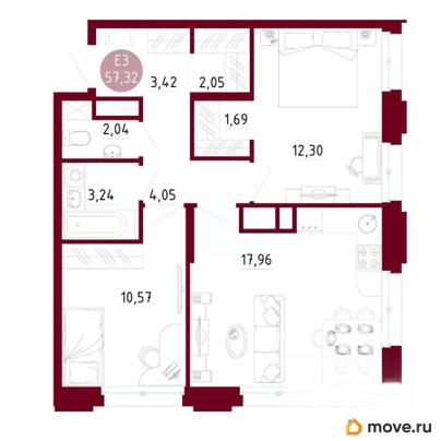 2-комн. квартира, 57.32 м&sup2;