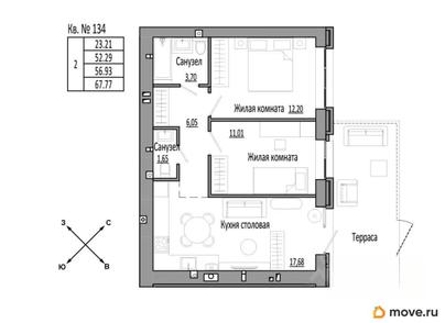 2-комн. квартира, 56.934 м&sup2;