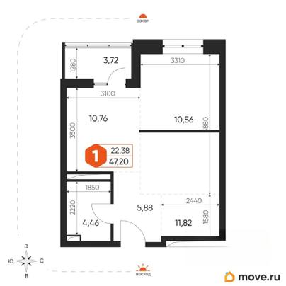 1-комн. квартира, 47.4 м&sup2;
