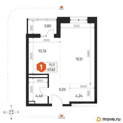1-комн. квартира, 47.8 м&sup2;