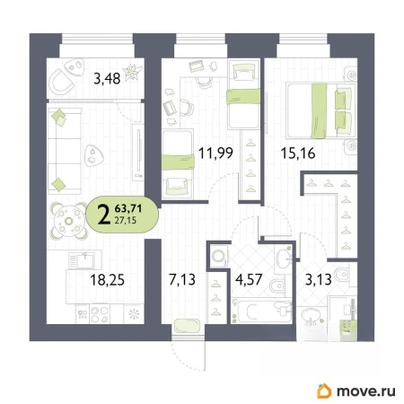 2-комн. квартира, 63.71 м&sup2;