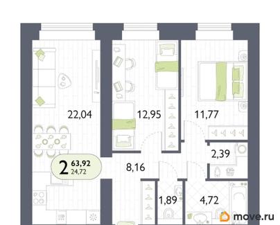 2-комн. квартира, 63.92 м&sup2;