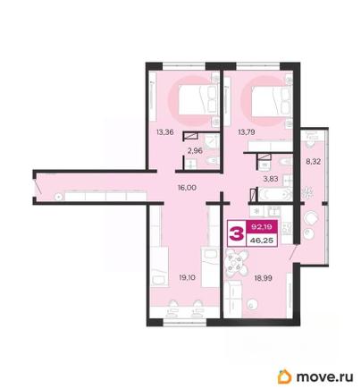 3-комн. квартира, 92.19 м&sup2;