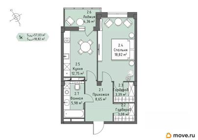 1-комн. квартира, 54.86 м&sup2;