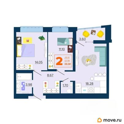 2-комн. квартира, 59.58 м&sup2;