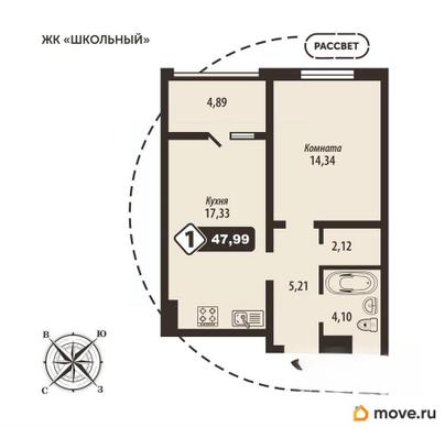 1-комн. квартира, 47.99 м&sup2;
