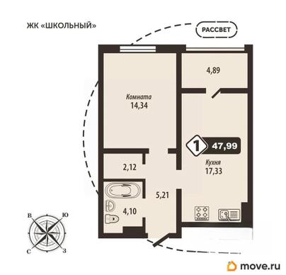 1-комн. квартира, 47.99 м&sup2;