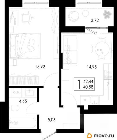 1-комн. квартира, 42.44 м&sup2;