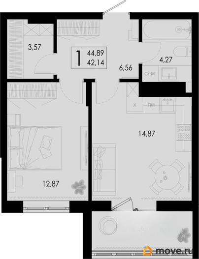 1-комн. квартира, 44.89 м&sup2;