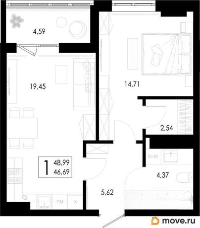 1-комн. квартира, 48.99 м&sup2;