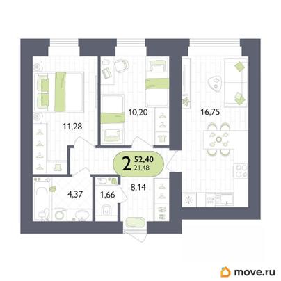 2-комн. квартира, 52.4 м&sup2;