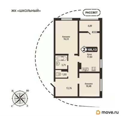 2-комн. квартира, 68.13 м&sup2;