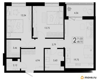 2-комн. квартира, 71.03 м&sup2;