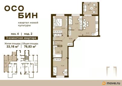 3-комн. квартира, 76.83 м&sup2;
