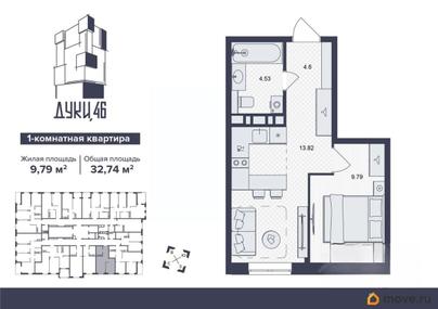 1-комн. квартира, 32.74 м&sup2;