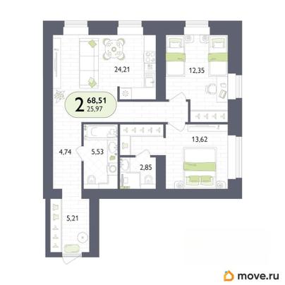 2-комн. квартира, 68.51 м&sup2;