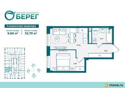 1-комн. квартира, 32.7 м&sup2;