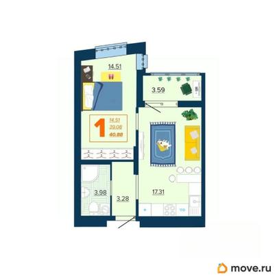 1-комн. квартира, 40.88 м&sup2;