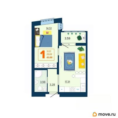 1-комн. квартира, 40.88 м&sup2;