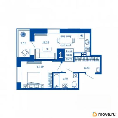 1-комн. квартира, 39.78 м&sup2;