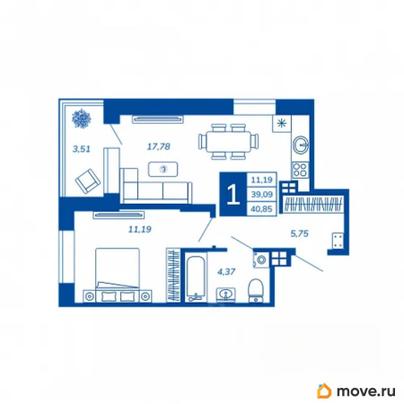 1-комн. квартира, 40.85 м&sup2;