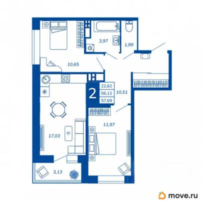2-комн. квартира, 57.69 м&sup2;