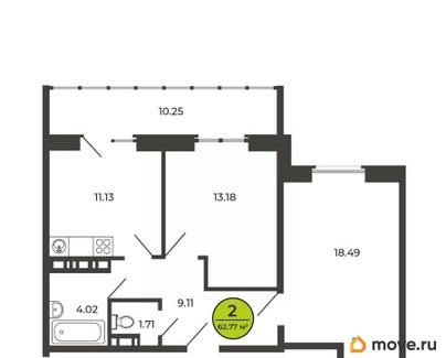 2-комн. квартира, 62.8 м&sup2;