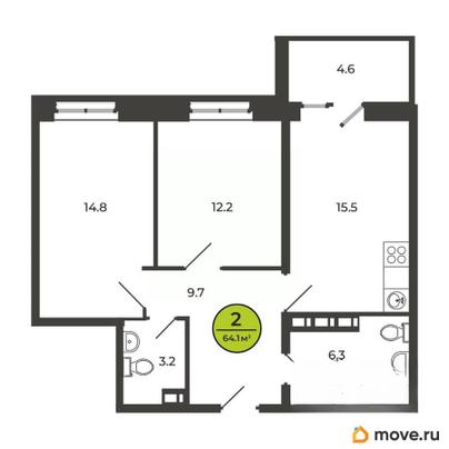 2-комн. квартира, 63.4 м&sup2;