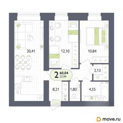2-комн. квартира, 60.04 м&sup2;