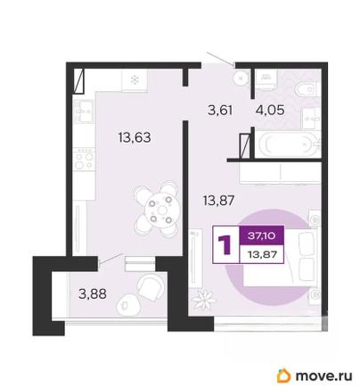 1-комн. квартира, 37.1 м&sup2;