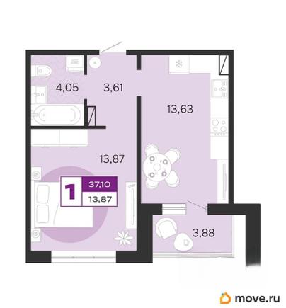 1-комн. квартира, 37.1 м&sup2;