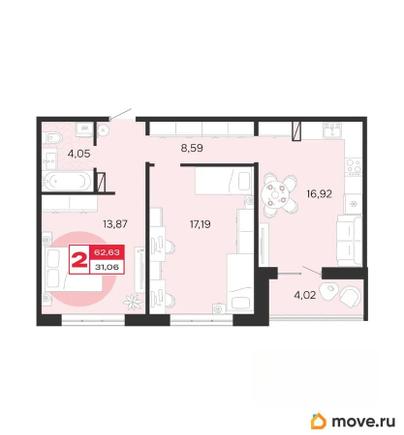 2-комн. квартира, 62.63 м&sup2;